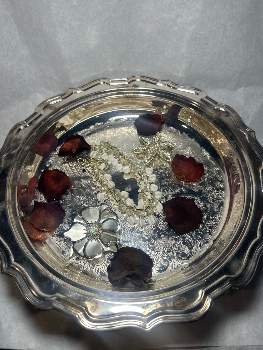 Vintage Silver-plated Tri-footed Tray with Ornate Decorative Engraving
